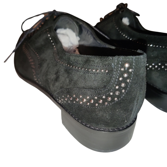 Stuart Weitzman Leather Suede Lace Up Studded Heeled Oxford Loafers - Picture 8 of 16